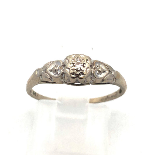 Art Deco 14K White Gold Diamond Solitaire Sweetheart Scroll Engagement Ring