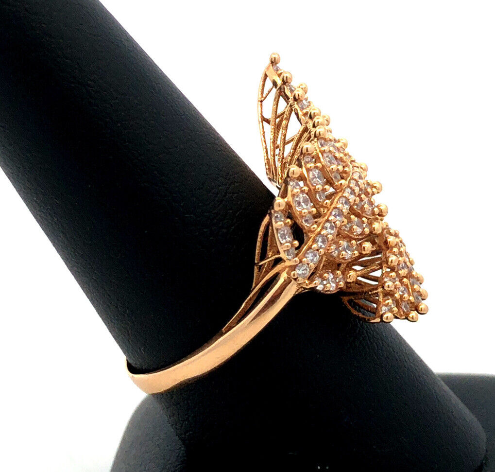 Designer 18K Yellow Gold Cubic Zirconia Leaves Feather Bypass Statement Ring