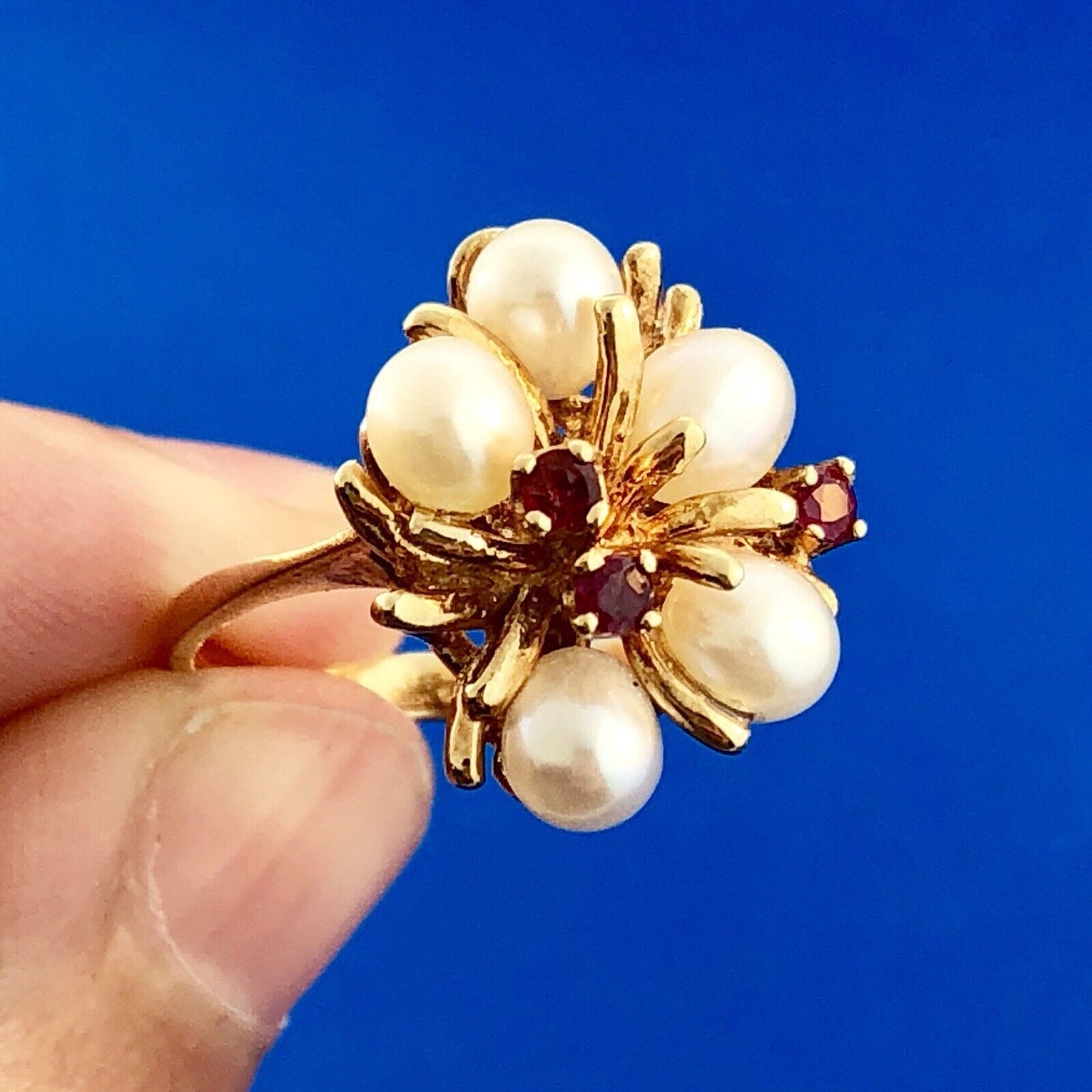 Vintage 14k Yellow Gold Ruby Pearl Cluster Modernist Free Form Cocktail Ring