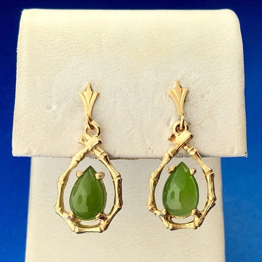 Vintage Estate 14K Yellow Gold Pear Jade Jadeite Bamboo Drop Dangle Earrings