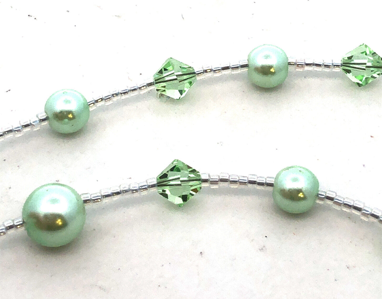 Vintage 925 Sterling Silver Green Crystal Faux Green Pearl Beaded Necklace