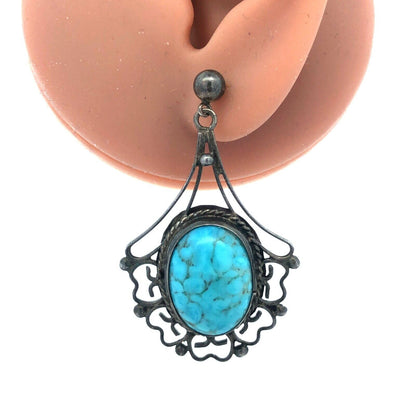 Vintage Taxco EMV 925 Sterling Silver Oval Larimar Cabochon Dangle Drop Earrings