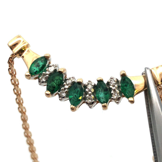 Designer 14K Yellow Gold Marquise Emerald Round Diamond Anniversary Necklace