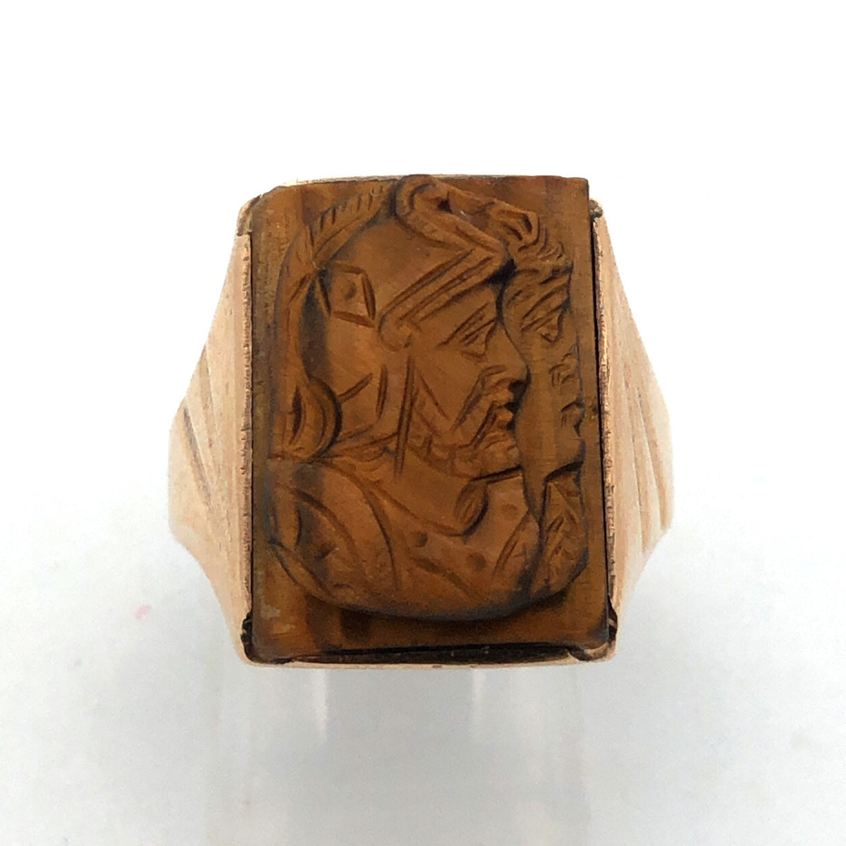 Vintage Men's 10K Yellow Gold Carved Intaglio Tiger's Eye Roman Textured Ring