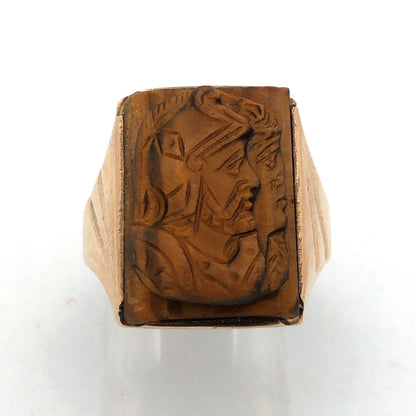 Vintage Men's 10K Yellow Gold Carved Intaglio Tiger's Eye Roman Textured Ring