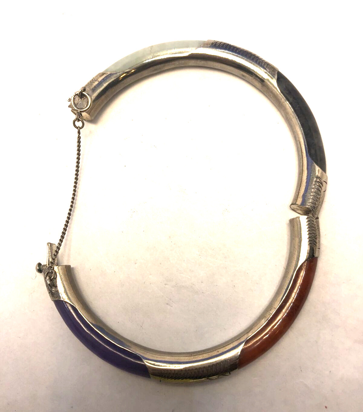 Sterling Silver 925 Green Lavender Black & Red Jade Cabochon Bangle Bracelet