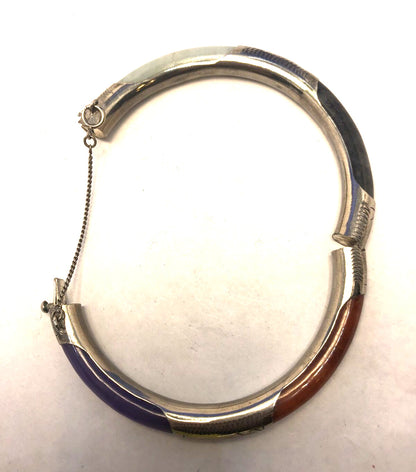 Sterling Silver 925 Green Lavender Black & Red Jade Cabochon Bangle Bracelet