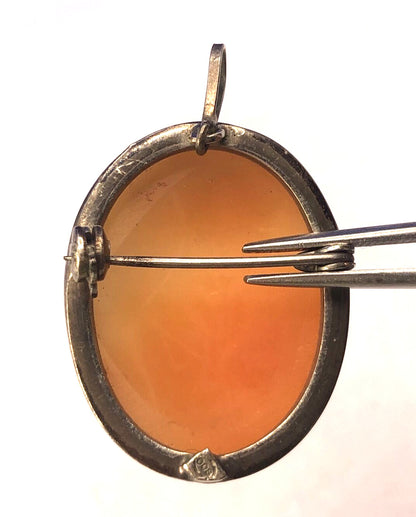 Victorian 800 Fine Silver Carved Woman Cameo Oval Pin Brooch Pendant