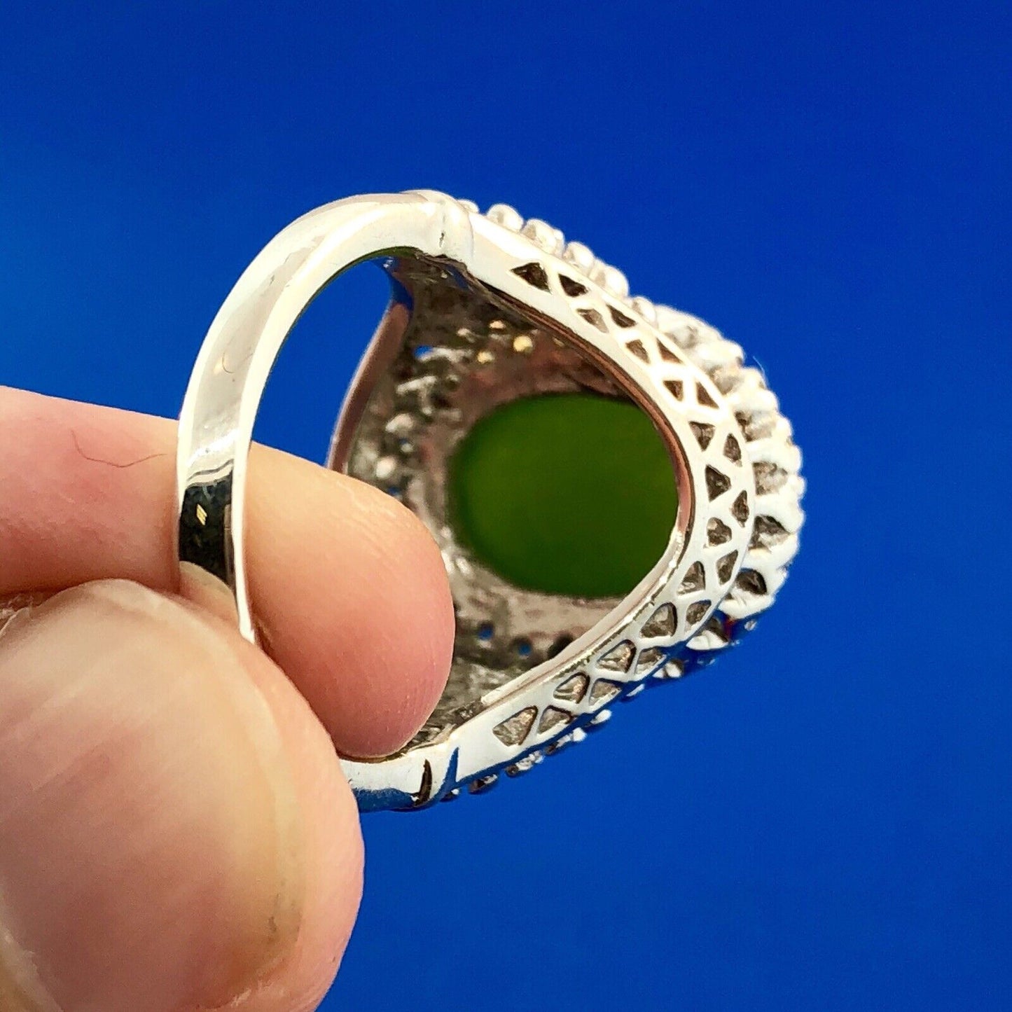 Retro 925 Sterling Silver Jade Jadeite Diamond Empire Statement Cocktail Ring