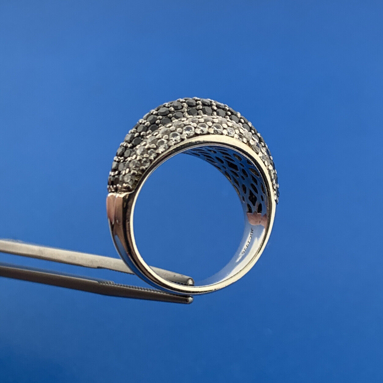 Estate JD 925 Sterling Silver Pave Black White Cubic Zirconia Dramatic Dome Ring