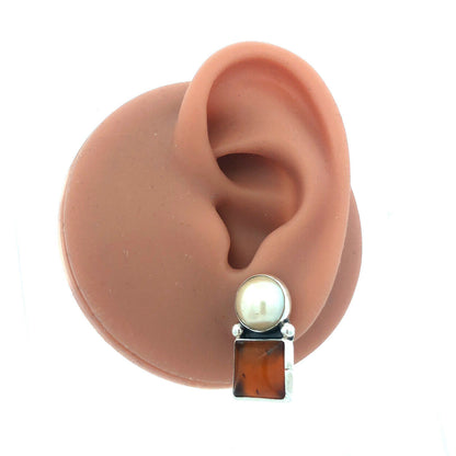 Vintage 925 Sterling Silver Round Pearl Square Amber Drop Stud Earrings