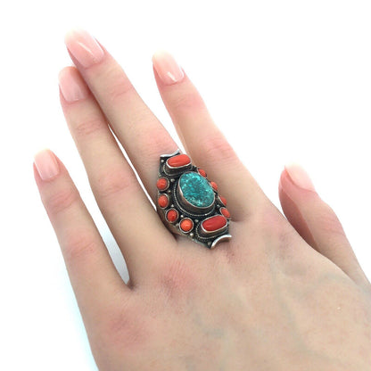 Old Pawn Unsigned 925 Sterling Silver Turquoise Coral Statement Finger Ring