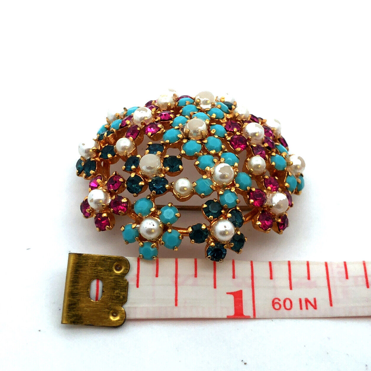 Mid Century Austria Gold Tone Faux Pearl Ruby Sapphire Turquoise Floral Brooch