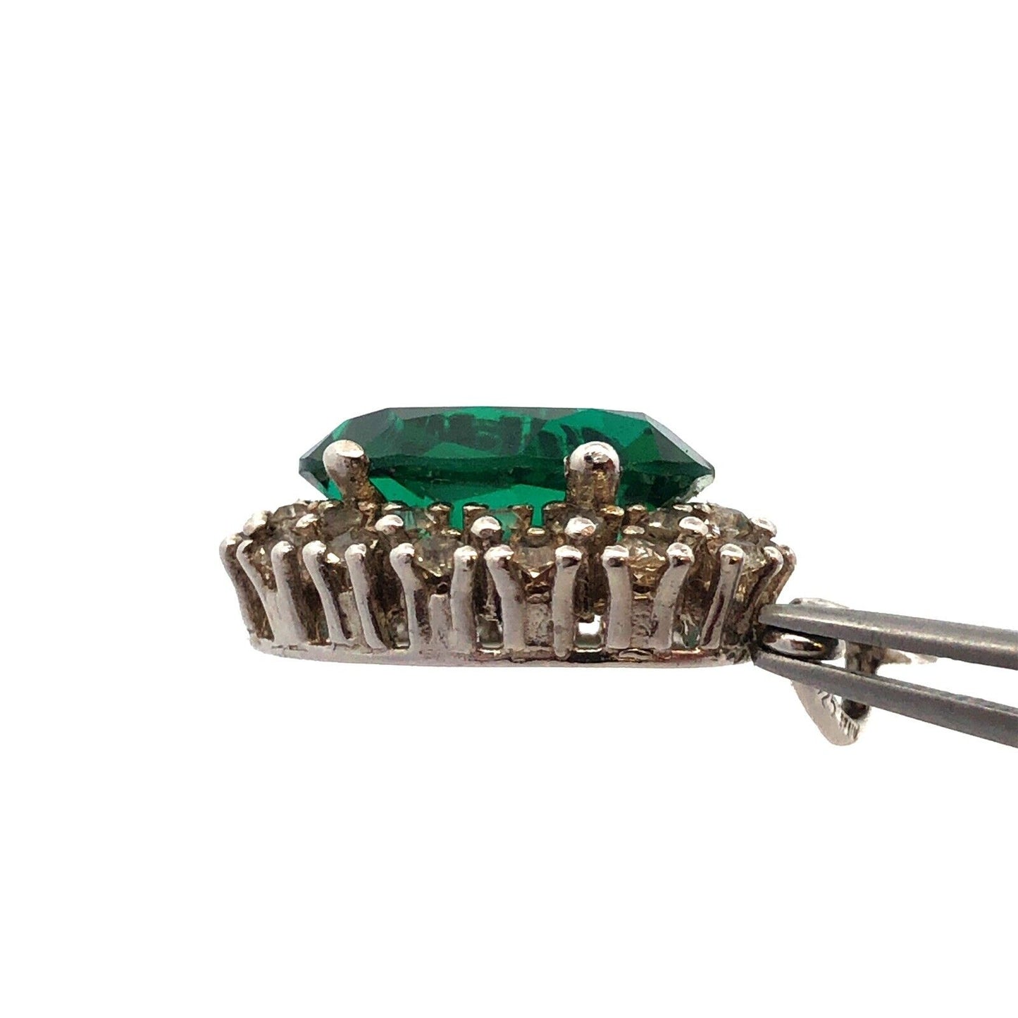 Estate 925 Sterling Silver Oval Green Round White Cubic Zirconia CZ Pendant