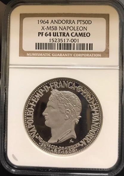 1964 Andorra Platinum 50 Diners Napoleon NGC Proof 64 UC Super Rare 1 Of 3 Mntg