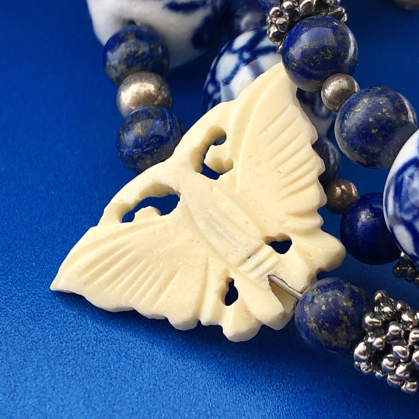 Sterling Silver 925 Lapis Ceramic Carved Cloisonne Bead Three Wrap Bracelet