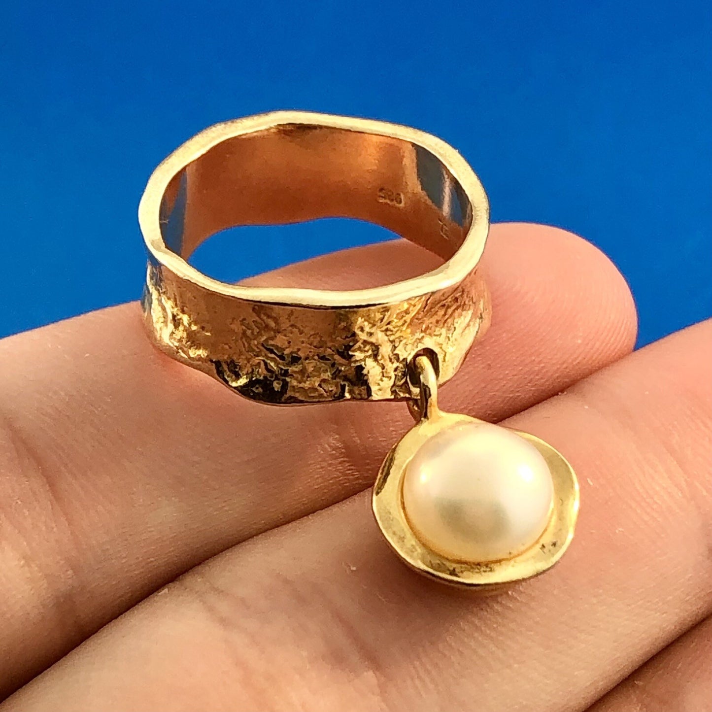 Designer LIRM Israel 925 Sterling Vermeil Pearl Dangle Charm Cocktail Ring