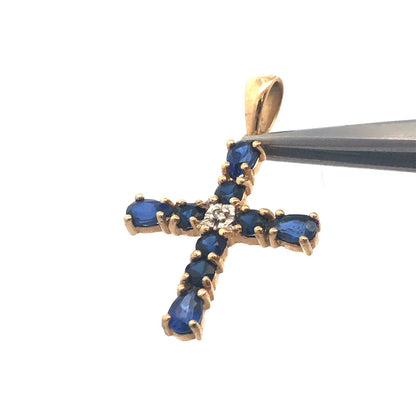 Gorgeous 10k Yellow Gold Blue Spinel Diamond Faith Religious Cross Pendant