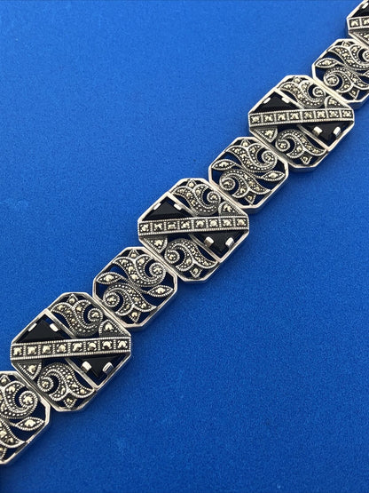 Art Deco Style 925 Sterling Silver Black Onyx Marcasite Scroll Panel Bracelet