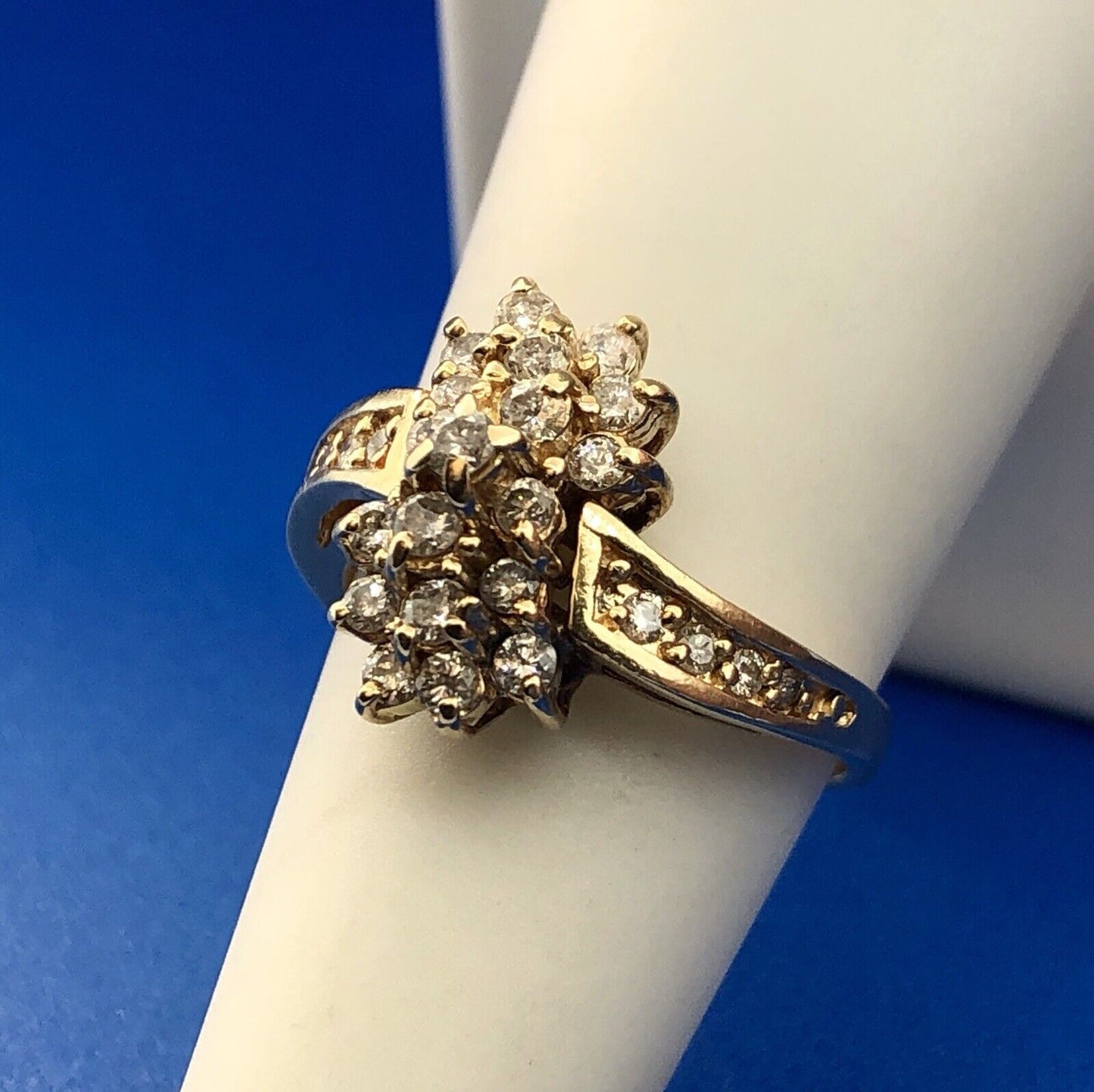 Vintage 14K Yellow Gold Diamond Waterfall Flower Cluster Statement Cocktail Ring