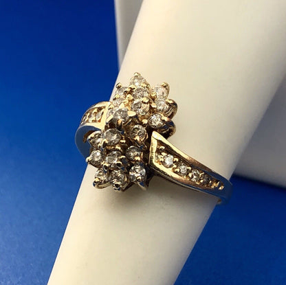 Vintage 14K Yellow Gold Diamond Waterfall Flower Cluster Statement Cocktail Ring