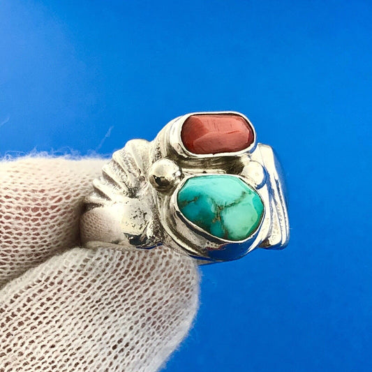 Stunning Sterling Silver 925 Chunky Turquoise Coral Wing Ring Size 10.5