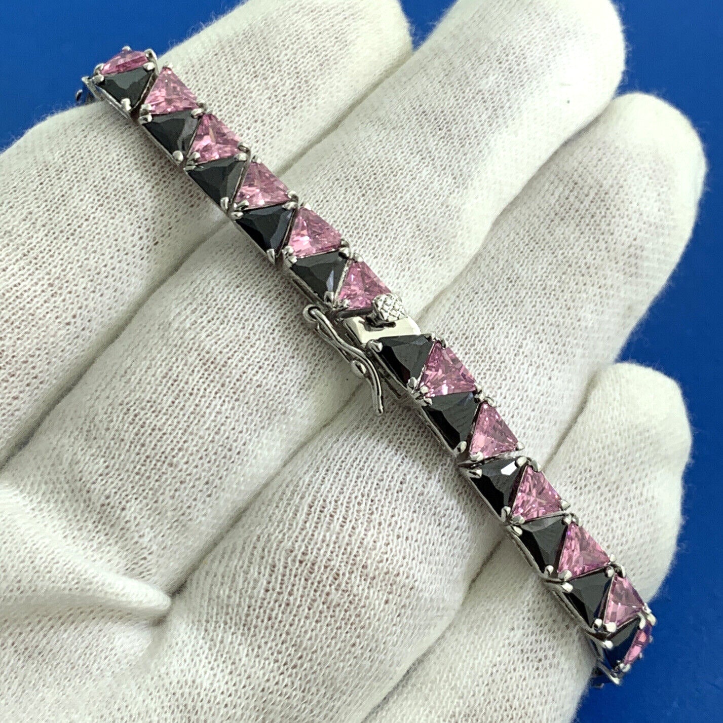 Designer UTC Pink Cubic Zirconia Black Onyx 925 Sterling Silver Tennis Bracelet
