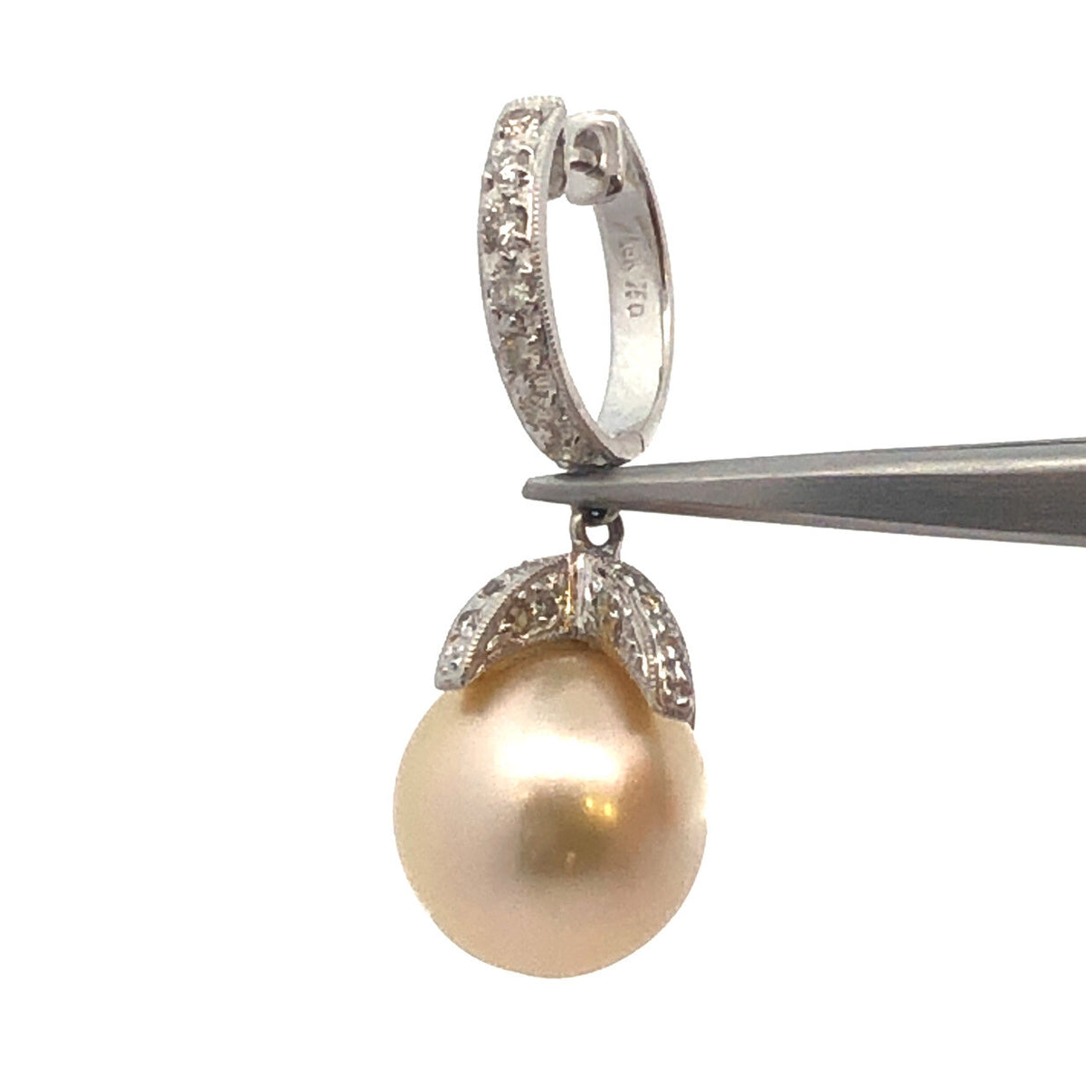 Vintage 18K White Gold Pearl Diamond Accent Dangle Drop Statement Hoop Earrings