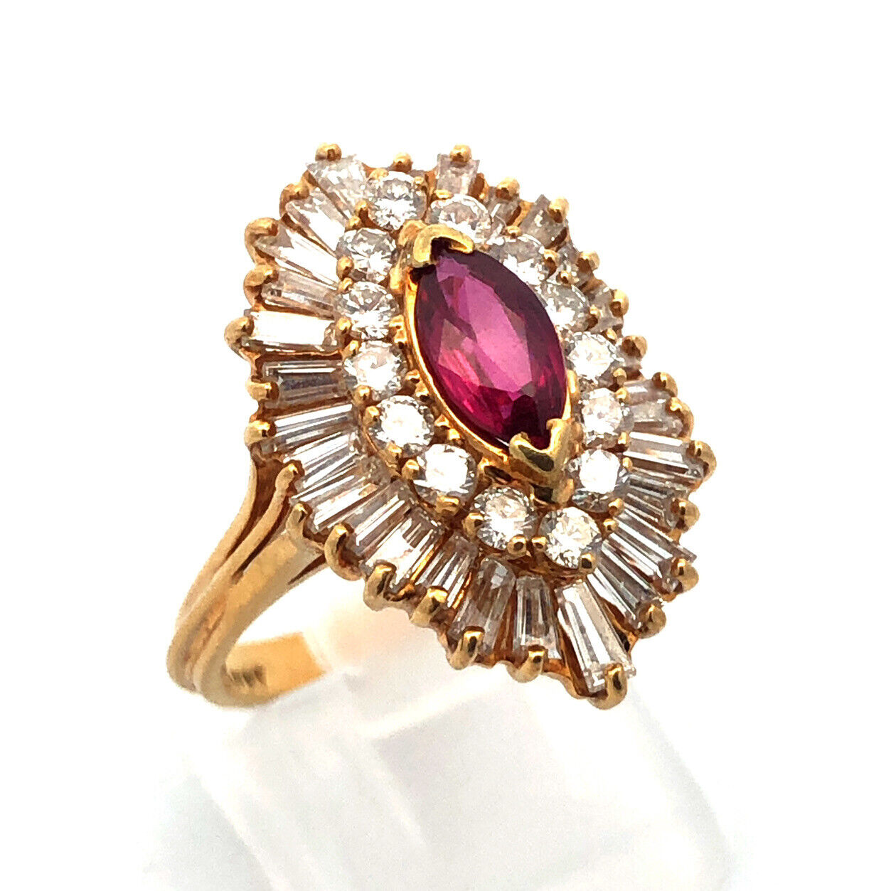 Designer 18K Yellow Gold Marquise Ruby Diamond Double Halo Statement Sz 6.5 Ring