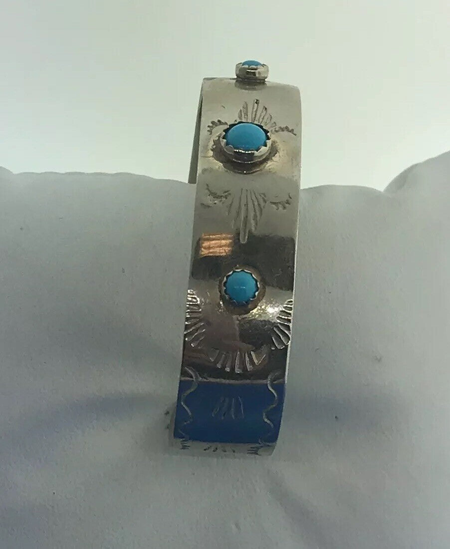Vintage Childs Silver Tone Faux Turquoise Storyteller Etched Cuff Bracelet