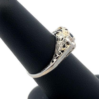 Vintage Platinum Oval Sapphire Round Diamond Trio Filigree Engagement Ring