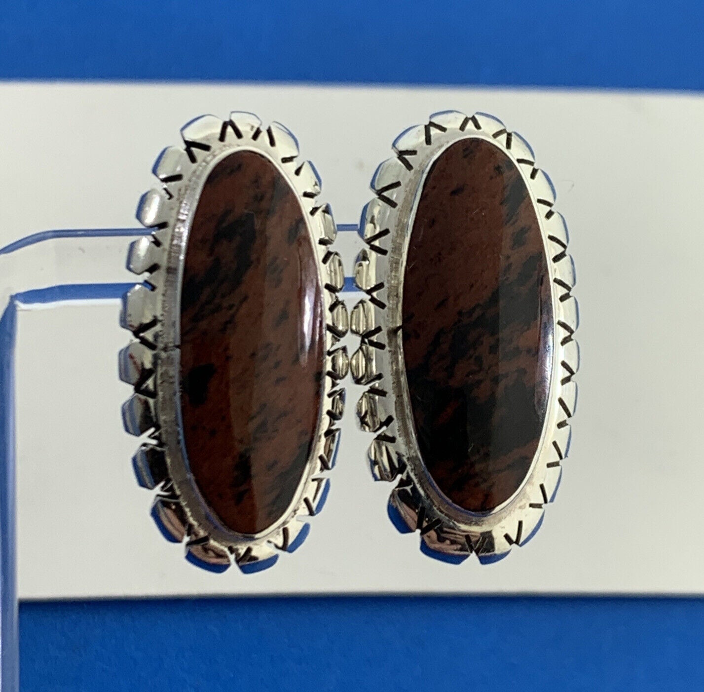 Taxco Mexico TJ-40 925 Sterling Silver Long Oval Red Jasper Stud Earrings