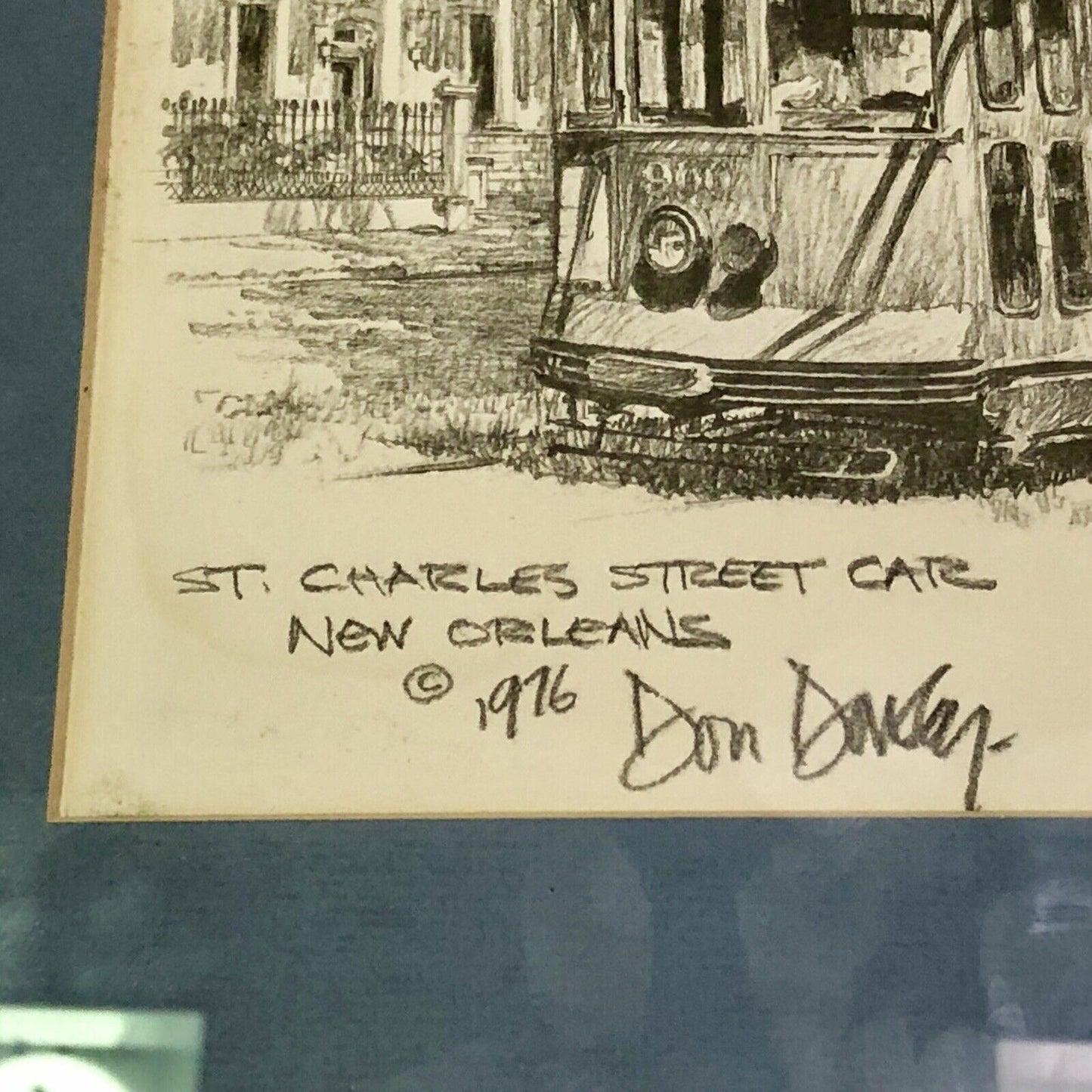 1976 Artist Don Davey St. Charles Street Car NOLA Pencil Sketch Matted Framed