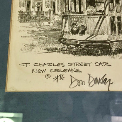 1976 Artist Don Davey St. Charles Street Car NOLA Pencil Sketch Matted Framed