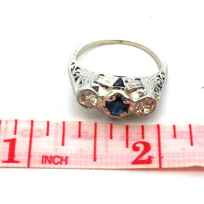 Vintage Platinum Oval Sapphire Round Diamond Trio Filigree Engagement Ring