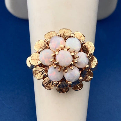 Vintage ESEMCO 14K Yellow Gold Opal Floral Cluster October Anniversary Ring