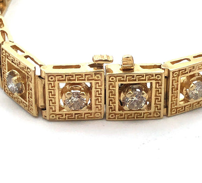 Designer 14K Yellow Gold Round Diamond Square Openwork Panel Tennis Bracelet
