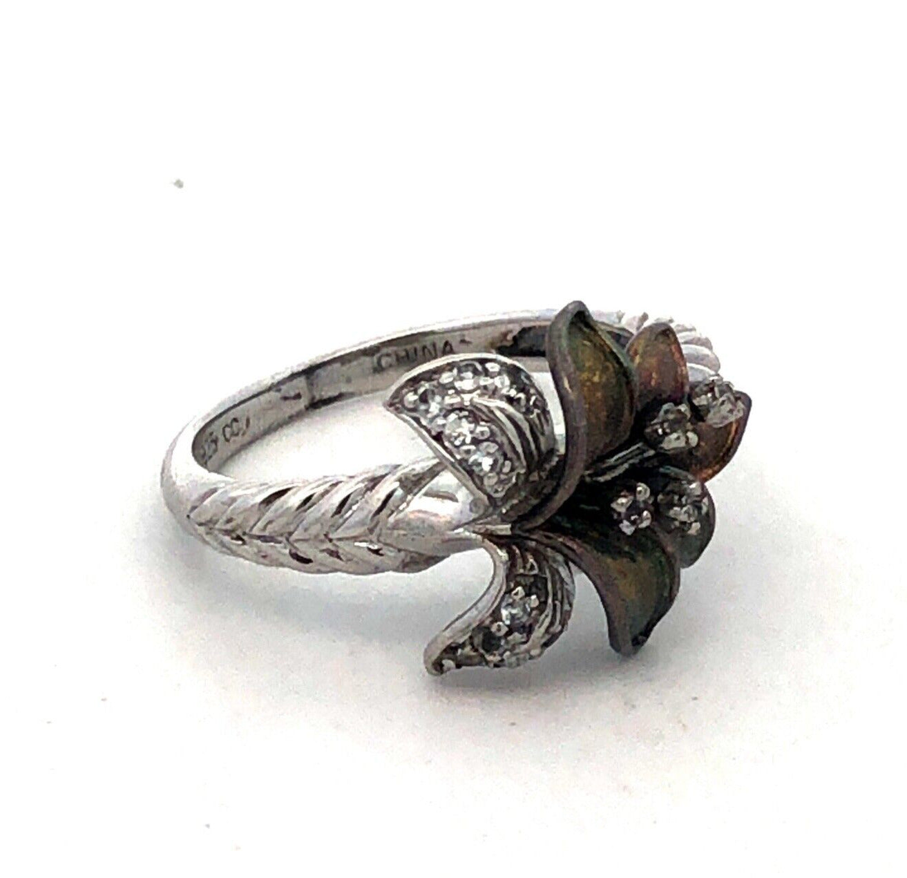 Designer CC 925 Sterling Silver Round White Topaz Lily Orchid Flower Ring