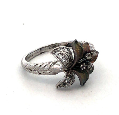 Designer CC 925 Sterling Silver Round White Topaz Lily Orchid Flower Ring