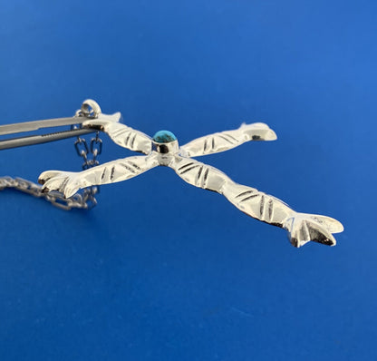 Native American Signed TQ Sterling Silver Turquoise Totem Pole Cross Necklace