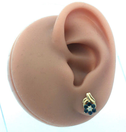 14K Yellow Gold Diamond Sapphire Floral Cluster September Anniversary Earrings