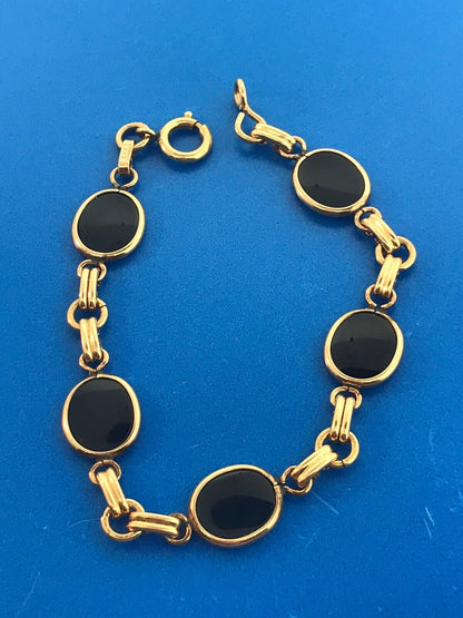 Art Deco 1/20th 12K Gold Filled Oval Black Onyx Cabochon Panel Link Bracelet