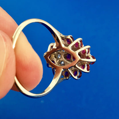 14K White Gold Ruby Diamond Cluster Bridal Birthstone Anniversary Cocktail Ring