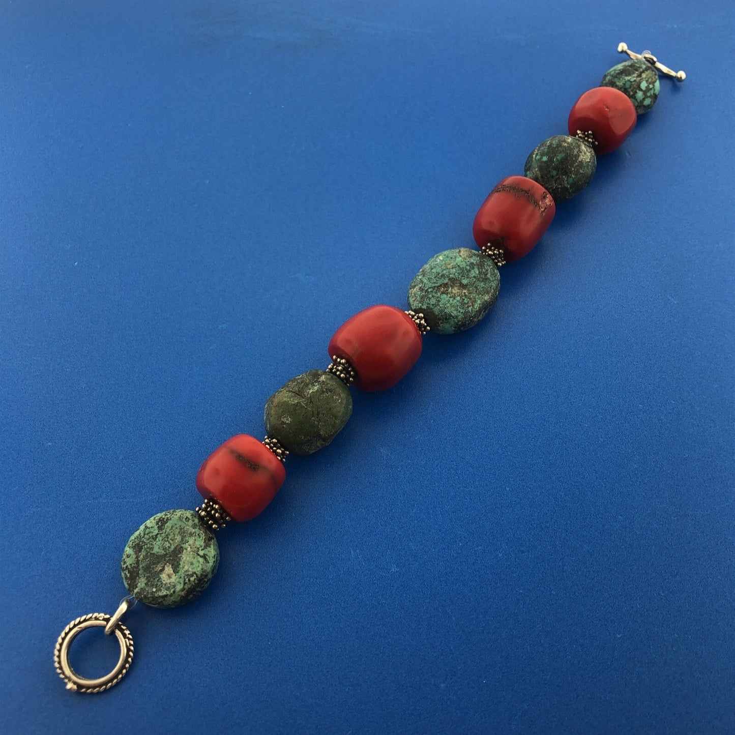 Sterling Silver 925 Chunky Coral Turquoise Bead Toggle Bracelet