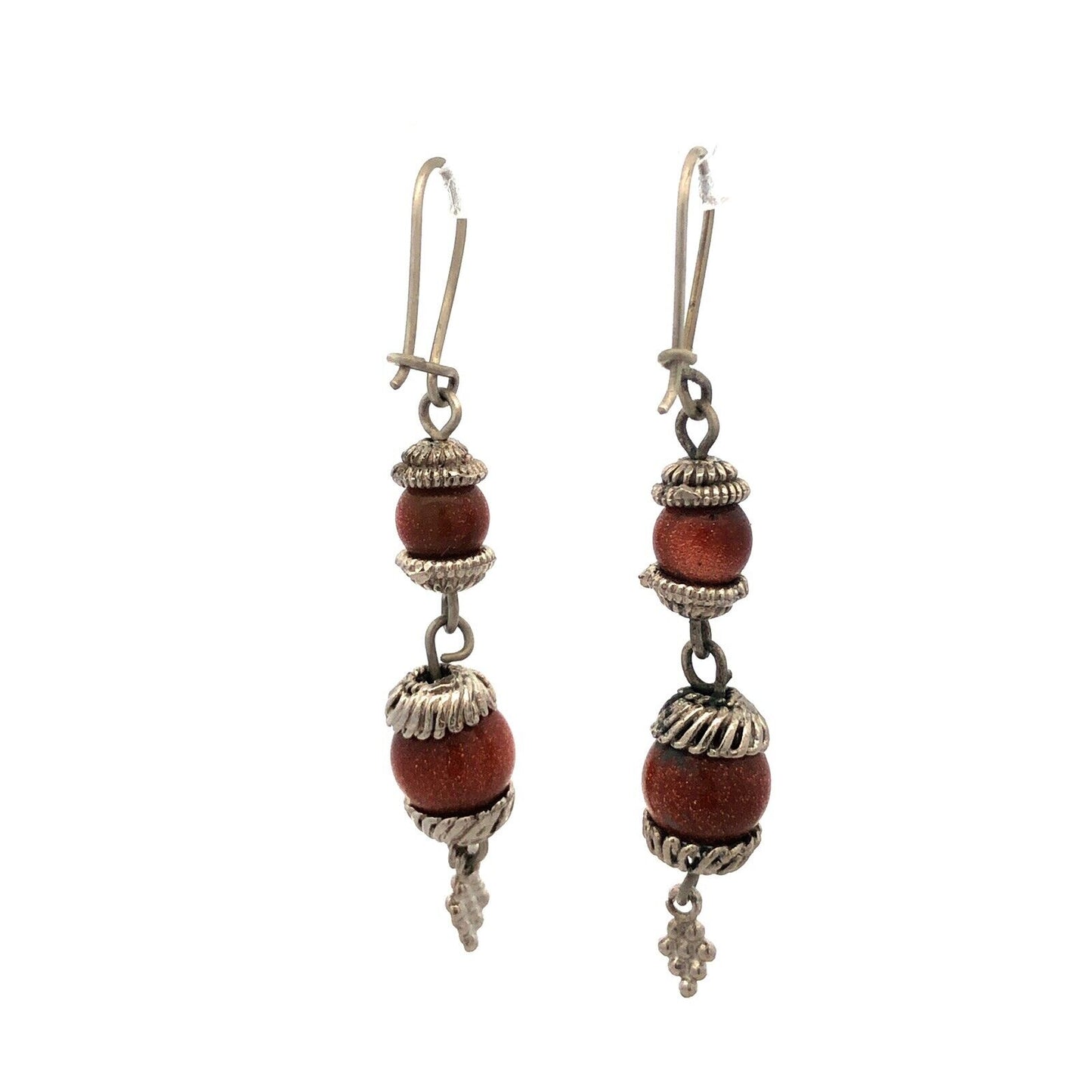 Vintage Silver Tone Orange Goldstone Glitter Beaded Hook Dangle Earrings
