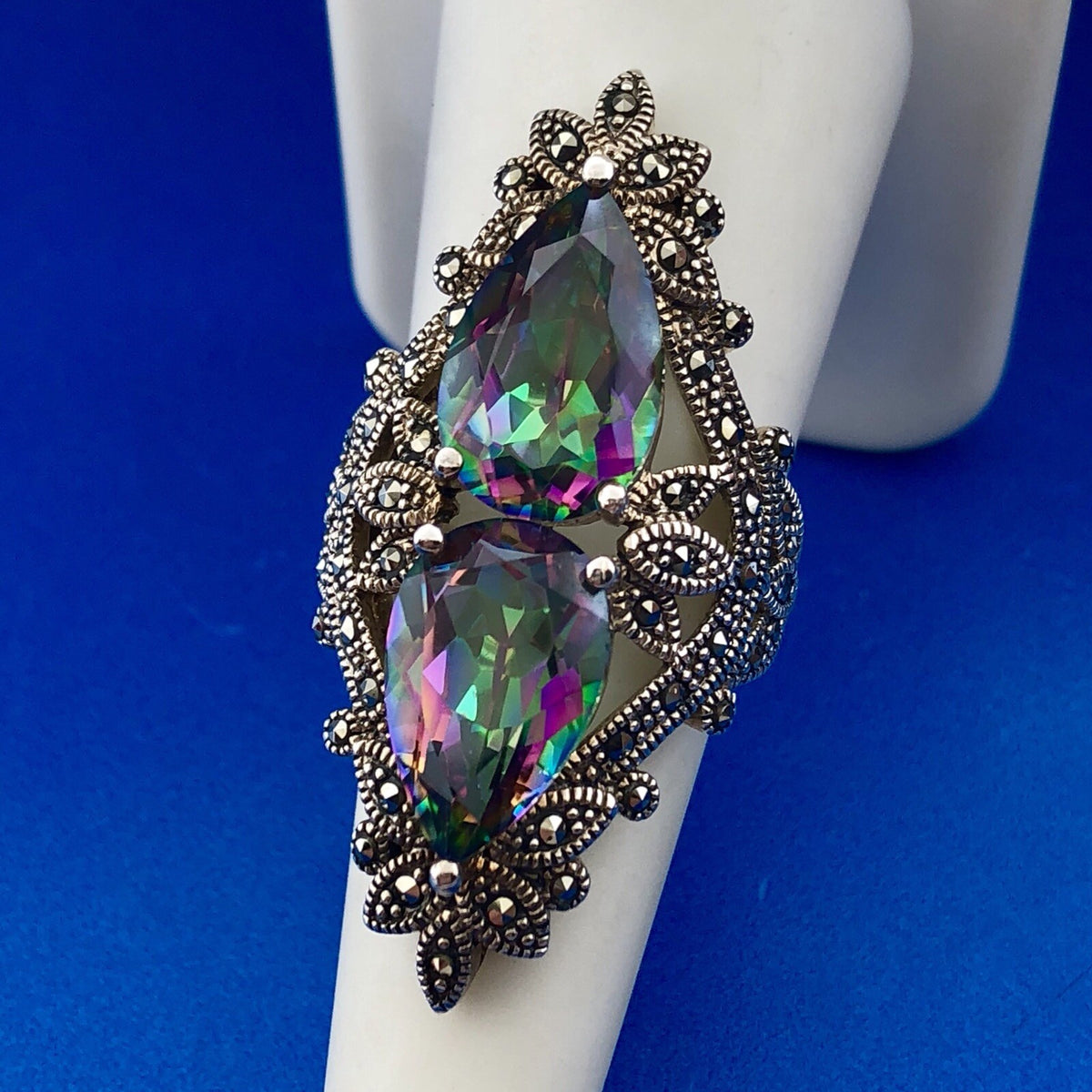 Designer BBJ Sterling Silver 925 Mystic Topaz Marcasite Statement Finger Ring