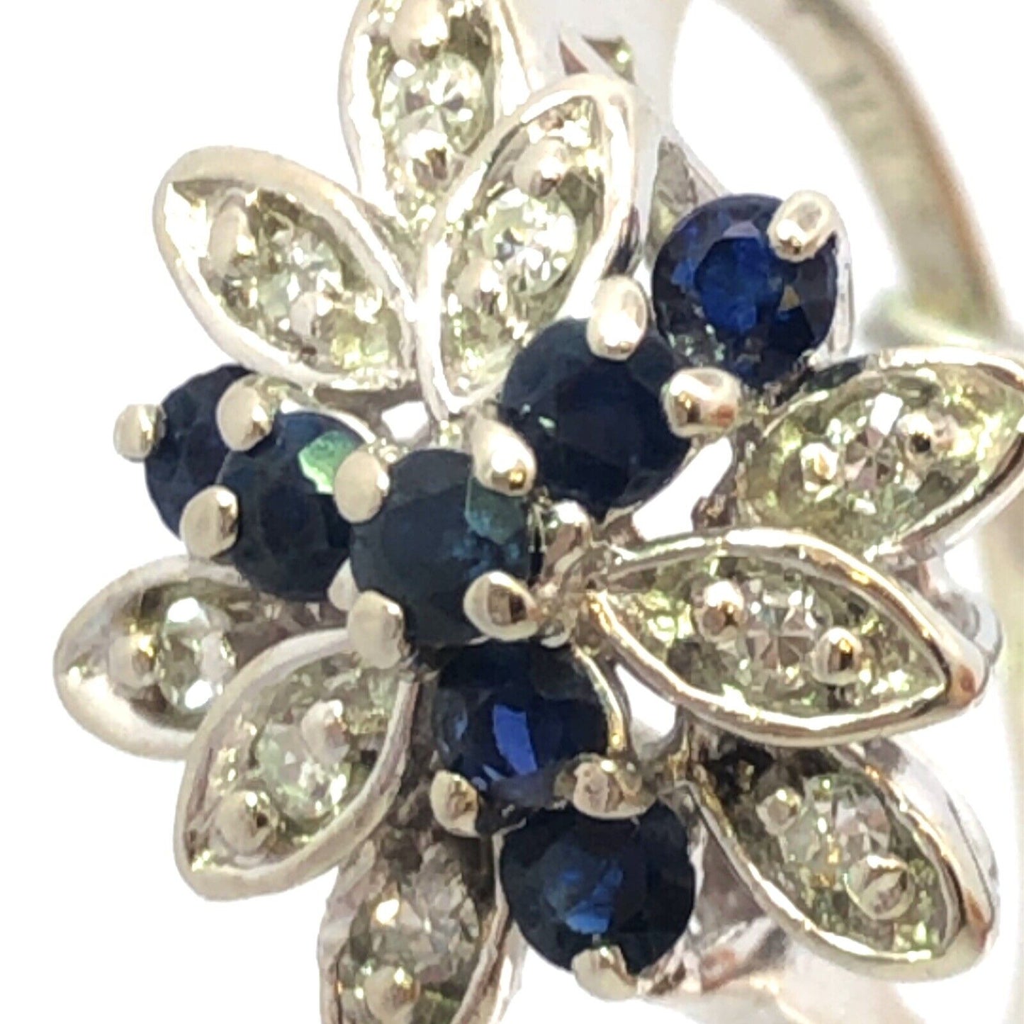 Designer 14K White Gold Sapphire Diamond Leaf Cluster Cocktail Ring