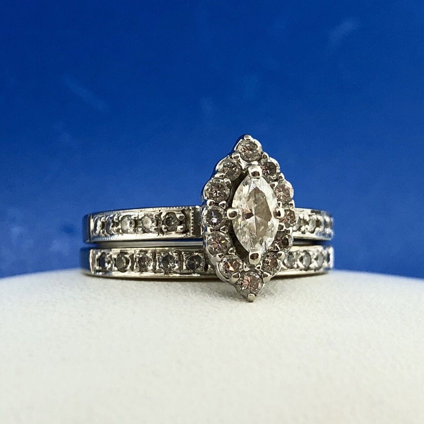 14K White Gold Marquise Solitaire Halo Accents Engagement Ring Band Bridal Set