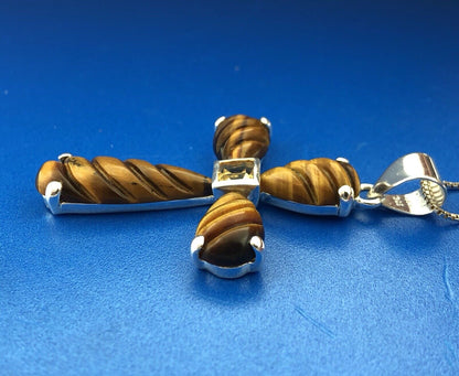 Designer GSJ Sterling Silver 925 Citrine Tigers Eye Cross Statement Necklace