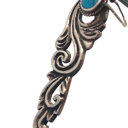 Vintage 925 Sterling Silver Turquoise Cabochon Scroll Dangle Drop Hook Earrings